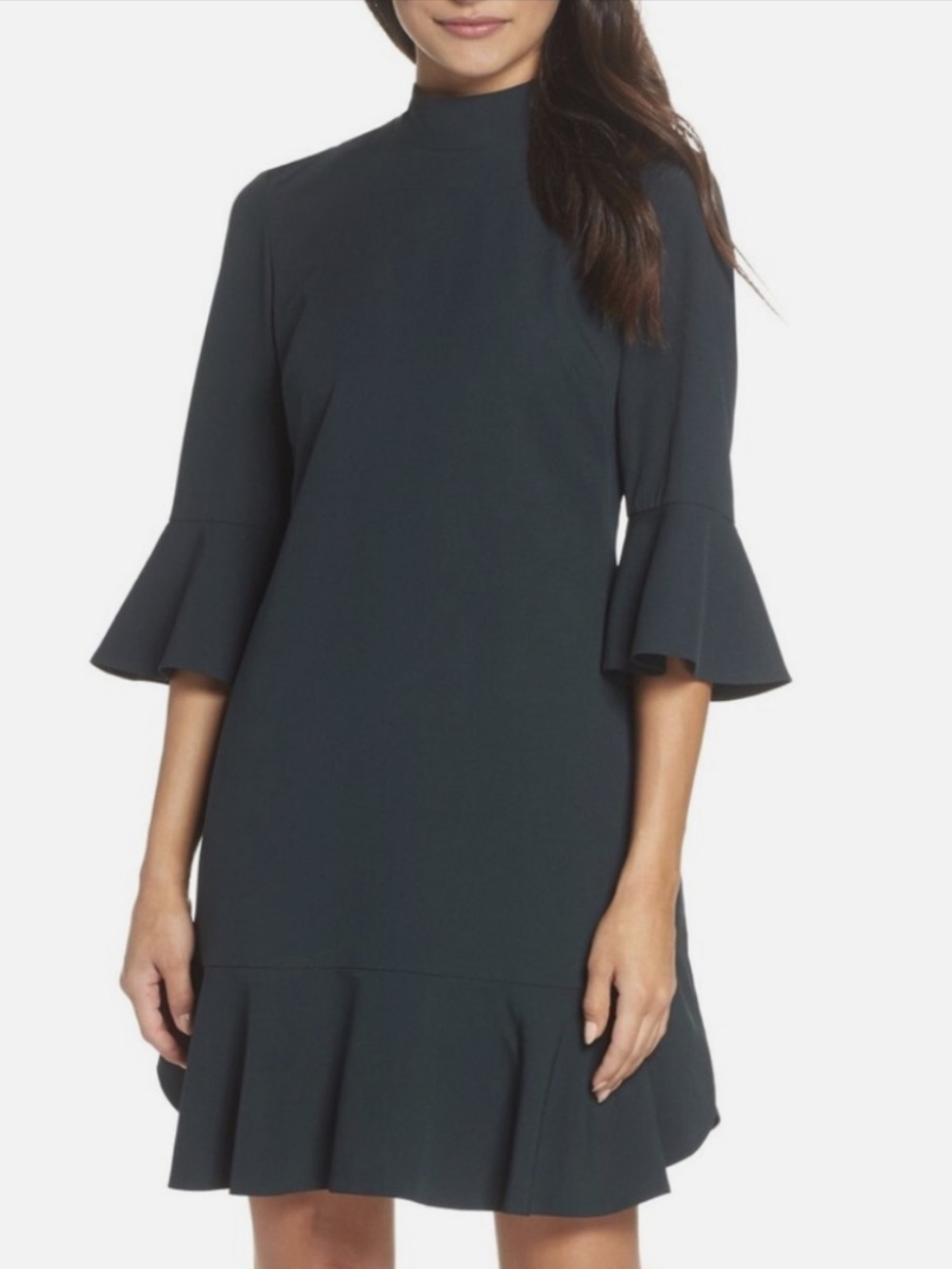 Chelsea28 Emerald Green Dress Bell Sleeves Flounce Hem Back Neck Tie size 8